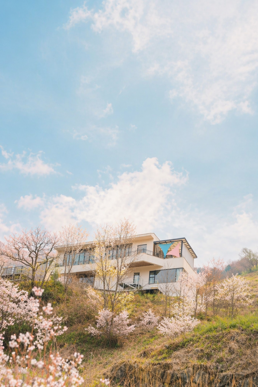 벚꽃이 핀 언덕 위 흰색 모던 독채 외관